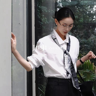 童心设计店复古领带印花白色长袖女设计感百搭衬衫(配领带)A9557