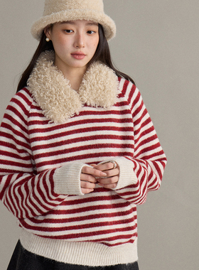 童心家冬上新复古羊毛翻领条纹毛针织毛衣（含9羊毛）N0101D