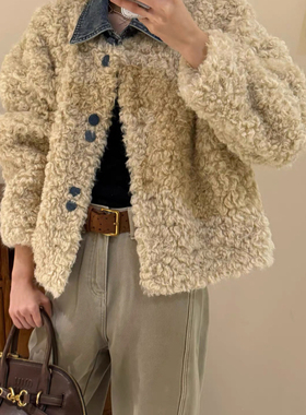 童心冬上新韩系百搭设计感拼接牛仔领毛毛短外套D28260