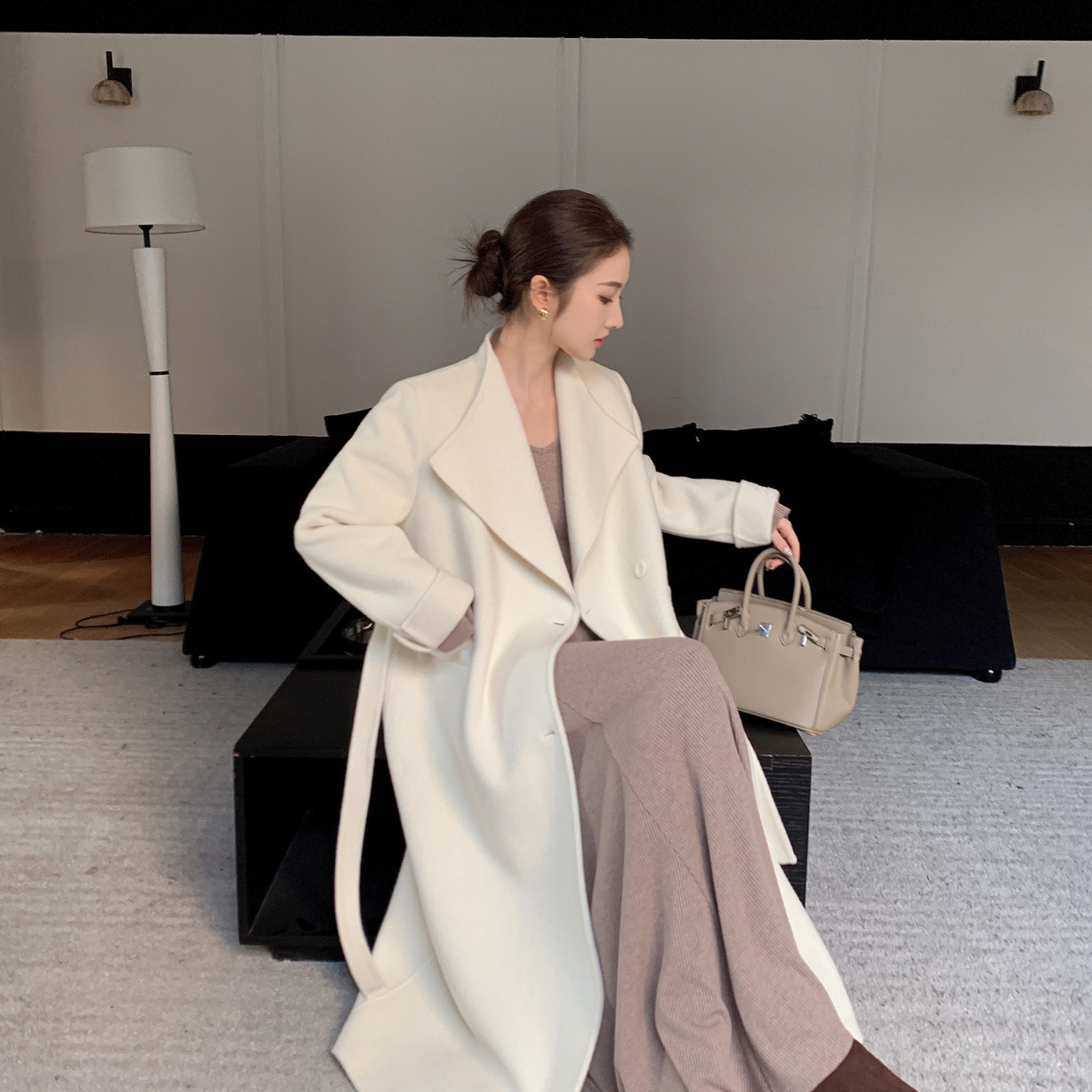 童心家计感翻领宽松气质羊毛外套(配腰绳)（含100羊毛）12021025