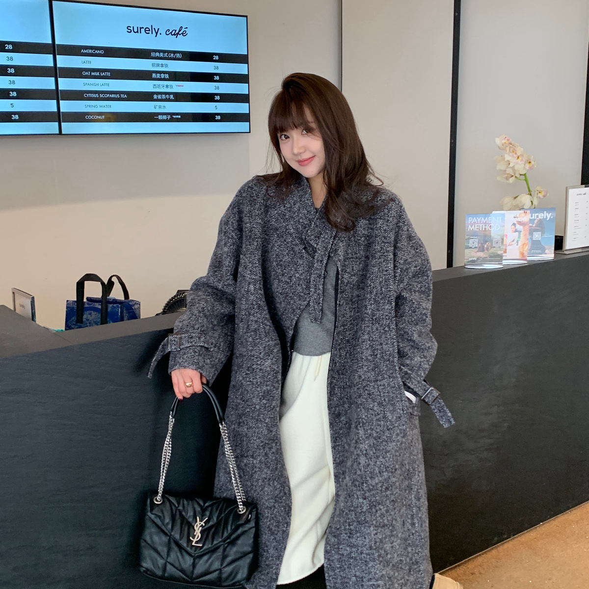 童心家绒气质慵懒风撞色翻领长款毛呢大衣羊毛外套含85羊毛C707