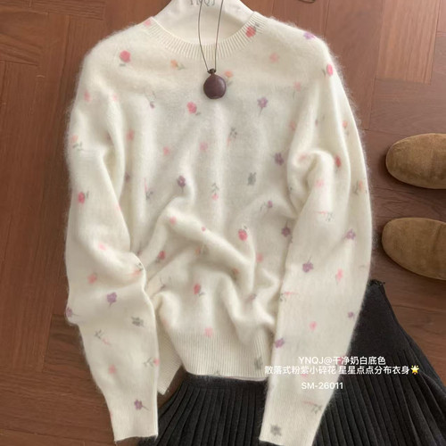 冬上新粉玫星落韩版满印小粉紫碎花慵懒软糯保暖毛衣（新85QS2601