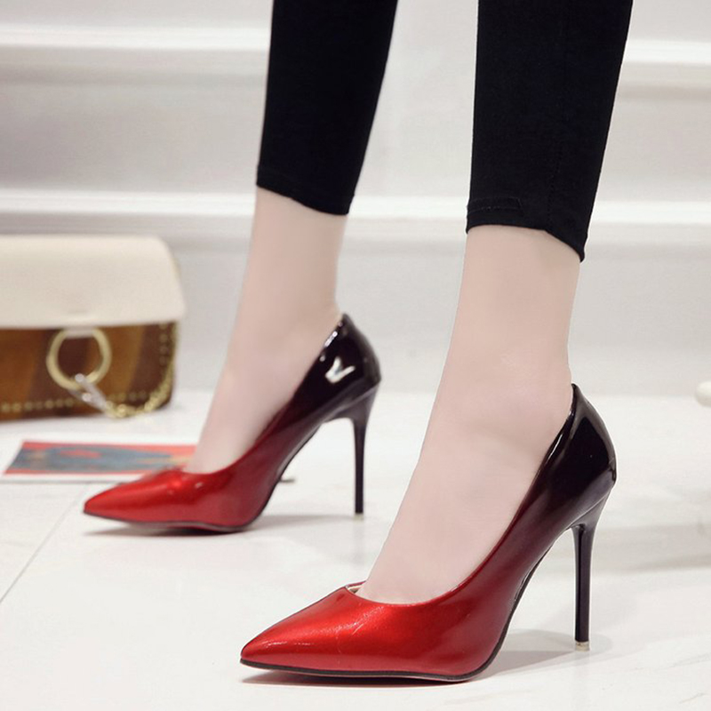 拼色性感浅口伪娘大码单鞋漆皮细跟尖头女装大佬高跟鞋显瘦表演鞋