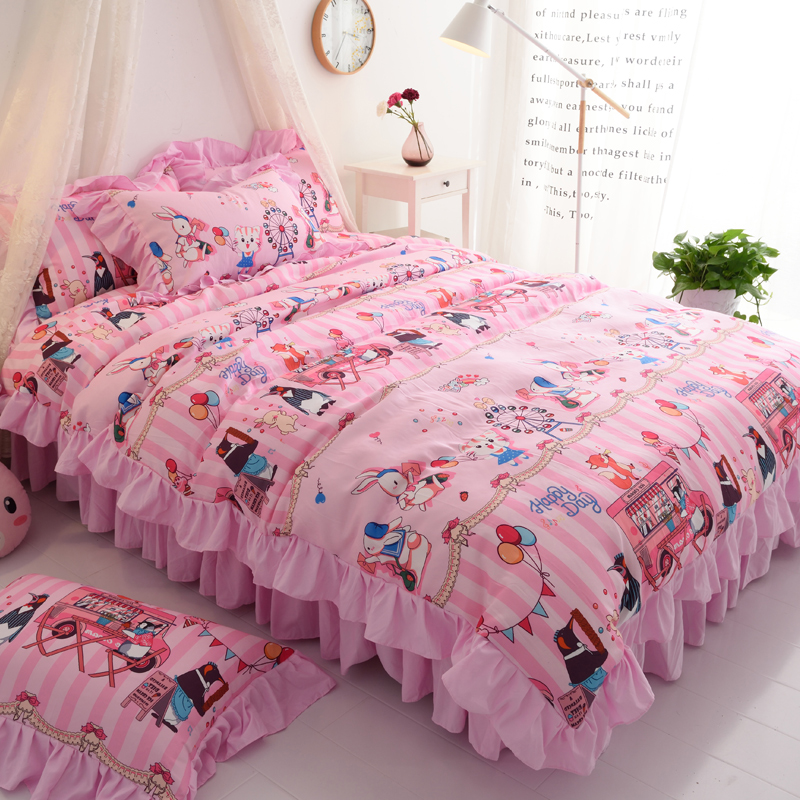 春夏软萌少女心游乐园全棉四件套卡通儿童床裙公主风纯棉床上用品