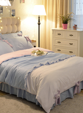 ins风蝴蝶结粉少女心全棉床裙式四件套1.5/1.8被套蕾丝纯棉床品