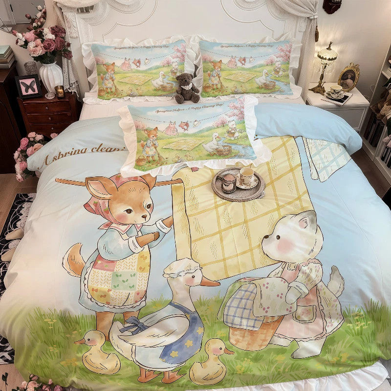 春日童话床品三四件套卡通水洗棉荷叶花边萌宠小清新被套床单床笠,床上用品,床品套件/四件套/多件套,淘宝优惠券,粉丝福利购,淘宝优惠卷