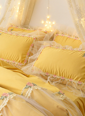 公主风网纱蕾丝花边枕套2只装夏季冰丝凉感单人成人枕芯套一对装