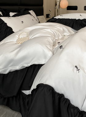 白色黑玫瑰水洗真丝床品四件套冰丝冷感丝滑床单床笠被套宽花边3