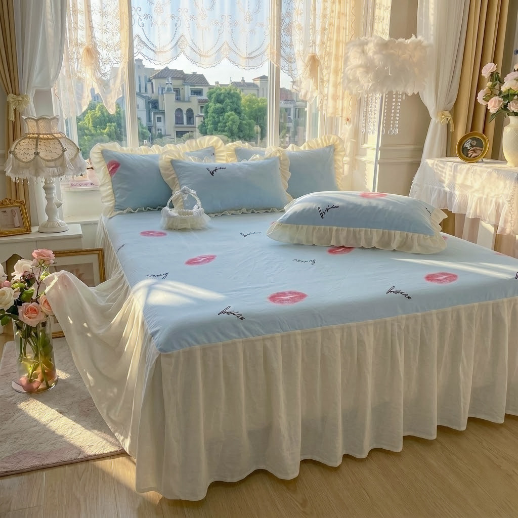 韩版全棉单床裙性感红唇天蓝荷叶花边小清新单件床罩绑带防尘印花