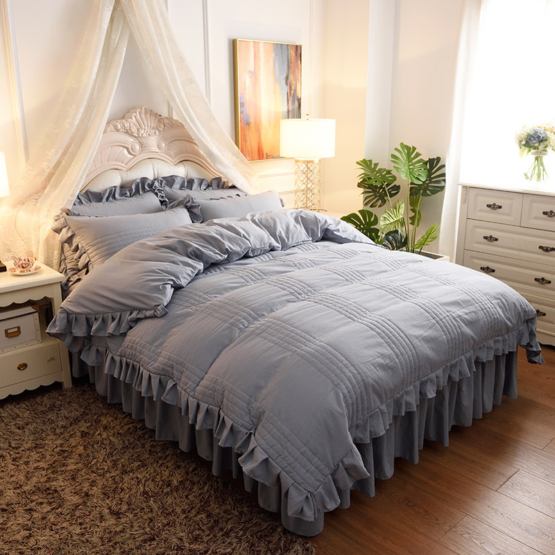 韩版全棉加厚夹棉绗缝水洗棉四件套公主风花边被套床裙式床上用品