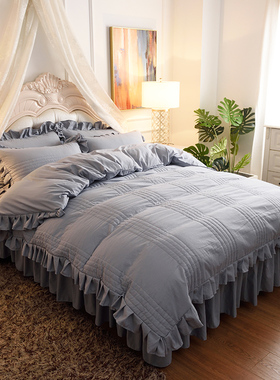 韩版全棉加厚夹棉绗缝水洗棉四件套公主风花边被套床裙式床上用品