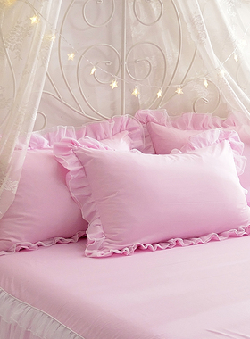 韩版公主风白纱枕套全棉纯棉蕾丝花边少女心单人成人枕头套一对装