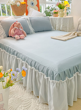 韩式公主风雪纺花边床裙单件水洗棉少女心纯色简约床罩保护床垫罩