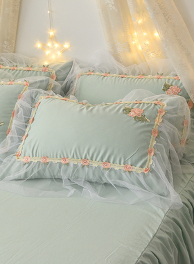 韩版公主风网纱蕾丝花边枕套一对装夏季冰丝凉感单人48x74枕芯套