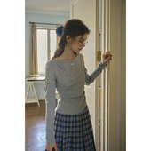 内搭上衣 长袖 SimpleRetro格雷系 设计感收腰压褶针织t恤女春短款