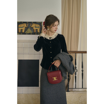 SimpleRetro维纳斯月夜 黑色赫本风丝绒上衣女冬拼接蕾丝法式小衫