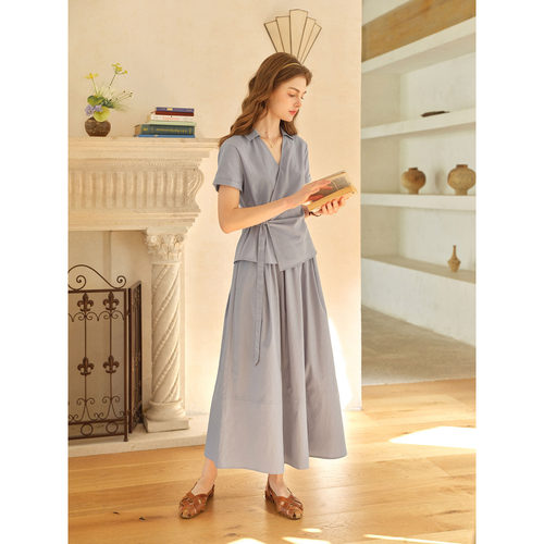 SimpleRetro雾蓝诗句 天丝棉高知法式绑带收腰衬衫半身裙套装裙女