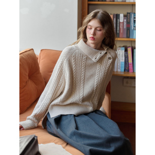 复古斜襟高领绞花套头毛衣女羊毛针织衫 SimpleRetro冬日美梦 法式