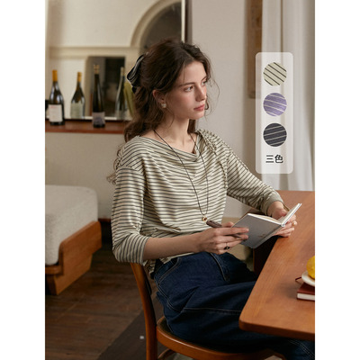 SimpleRetro巴黎左岸 设计感一字领条纹T恤女天丝收腰通勤上衣