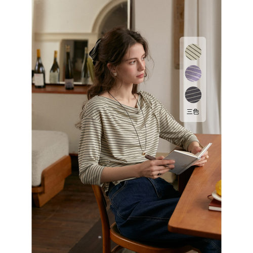 SimpleRetro巴黎左岸 设计感一字领条纹T恤女天丝收腰通勤上衣