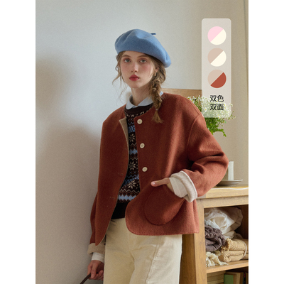 SimpleRetro奶油草莓 100%绵羊毛法式圆领两面穿短款双面呢外套