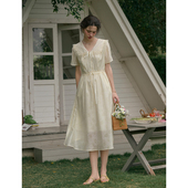 SimpleRetro阳光玫瑰 连衣裙女夏娃娃领a字裙 暗纹提花肌理感法式