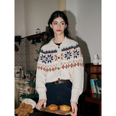 复古翻领费尔岛毛衣女polo领提花针织开衫 SimpleRetro 法式