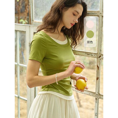SimpleRetro云隙柔光 法式天丝撞色短袖T恤女收腰显瘦百搭上衣