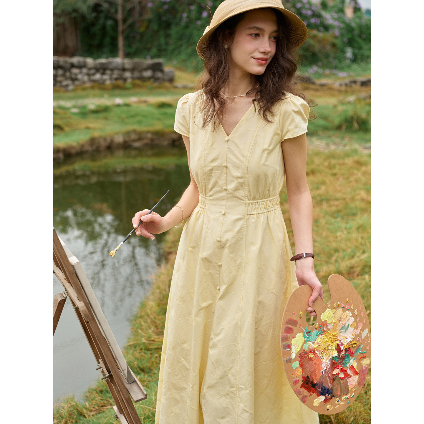 SimpleRetro暖阳花间 法式天丝棉V领连衣裙女简约收腰显瘦a字裙子