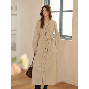 SimpleRetro春日丁香 法式磨毛全棉条纹衬衫连衣裙女长款长袖裙子