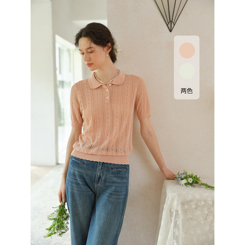 SimpleRetro风铃之夏 凉感柔软天丝亚麻polo领镂空针织衫女上衣