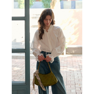 SimpleRetro云柔白序  软糯天丝棉法式镂空花边衬衫女飘带衬衣