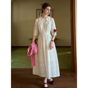 SimpleRetro纯白之梦 60支全棉重工娃娃领法式连衣裙女白色长裙子