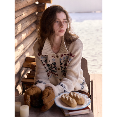 SimpleRetro羊毛复古北欧风雪花费尔岛针织开衫女慵懒风翻领毛衣