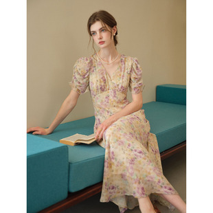 法式 9折 知性v领碎花连衣裙女气质显瘦茶歇裙子 0点新品