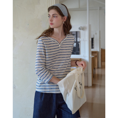 SimpleRetro海盐杏仁 简约七分袖桃心领条纹T恤女天丝显瘦上衣