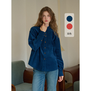 SimpleRetro果园笔记 复古通勤立领打条全棉灯芯绒衬衫女休闲上衣