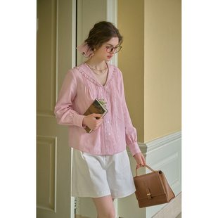 SimpleRetro蜜桃奶霜 文艺小翻领维多利亚衬衫女春季简约通勤衬衣