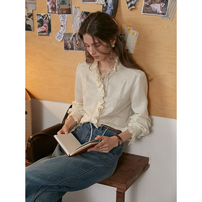 SimpleRetro杏语花笺 天丝棉法式宫廷风荷叶花边长袖衬衫女春显瘦