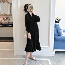 韩版 孕妇装 孕妇显瘦连衣裙春秋过膝长裙 2021新款 荷叶边中长款 春装