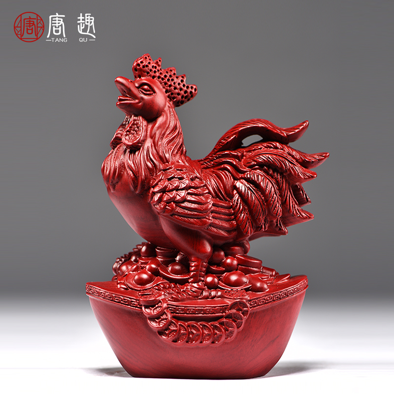 红花梨木雕鸡摆件三合十二生肖木鸡家居客厅办公桌面装饰开业送礼
