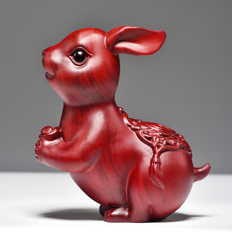 红花梨木雕兔子摆件红木工艺品