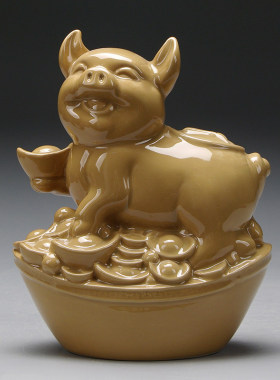 土黄色陶瓷小猪猪摆件十二生肖吉祥物客厅补角化解家居装饰工艺品