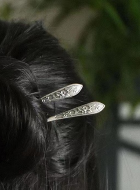 浮雕牡丹新中式发簪一字素簪子铜镀s925纯银小众发钗民国汉服头饰