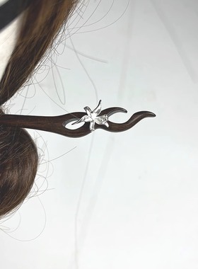 有杏」鸢尾花檀木发簪新中式设计感簪子s925银旗袍盘发钗文艺步摇