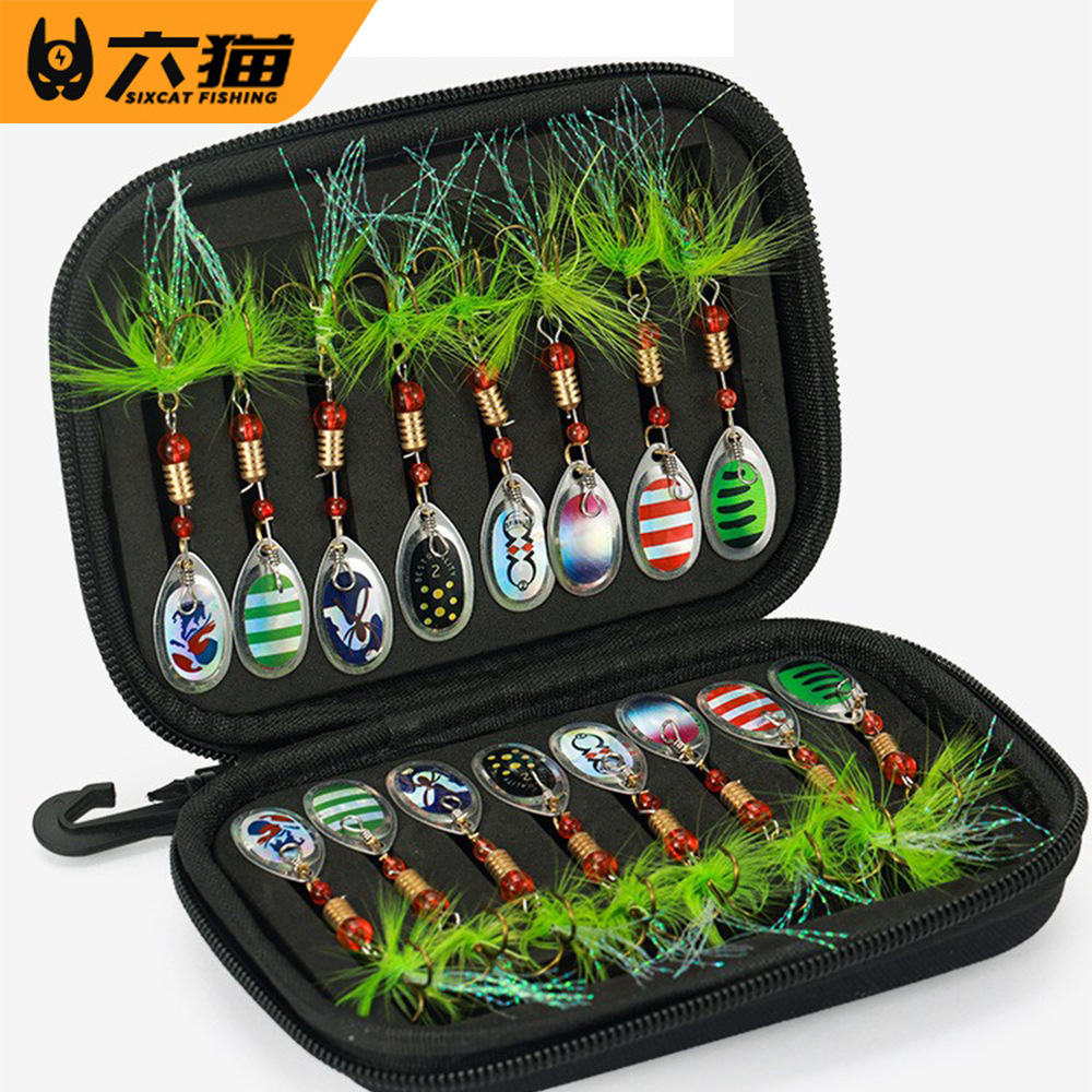苦茶六猫|路亚饵16件手摇片旋转复合亮片套装外挂包金属亮片厂家