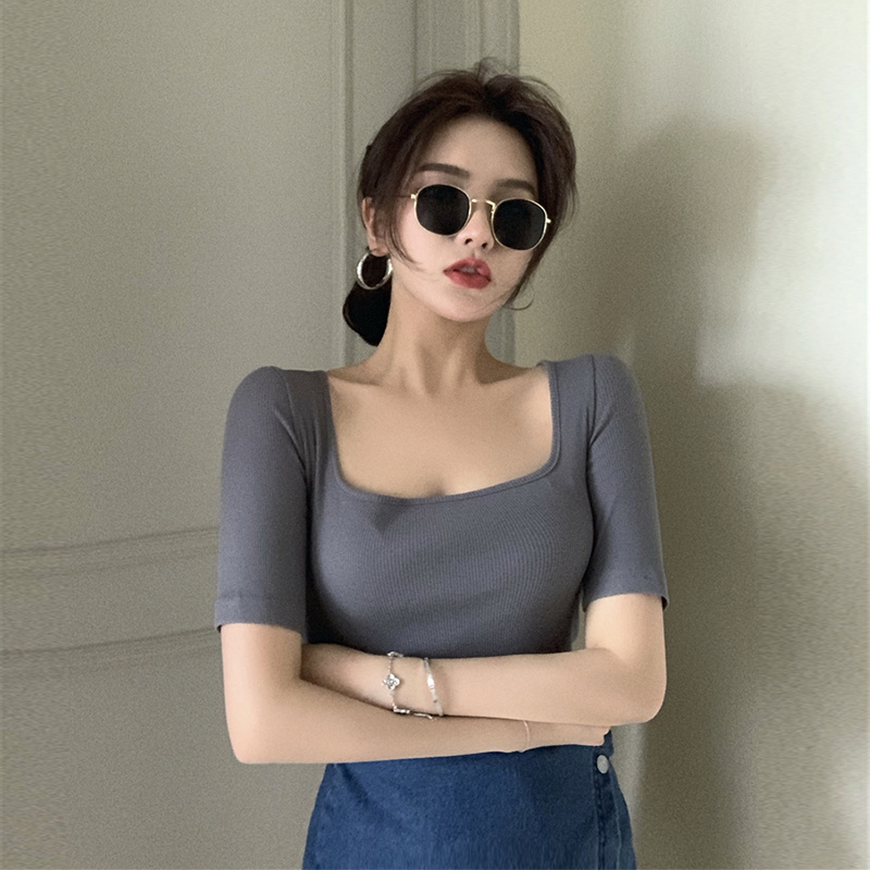 白色短袖t恤女夏方领性感锁骨纯棉上衣大领口低领正肩掐腰针织衫