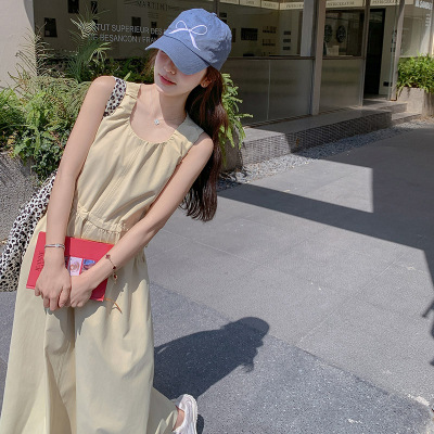 【现货发】韩系休闲减龄抽绳收腰无袖背心连衣裙夏季新款温柔长裙