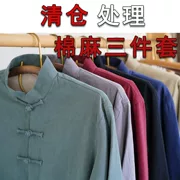 Tang phù hợp với thanh niên cotton và vải lanh đặt mùa xuân và mùa thu vải lanh retro Quần áo phong cách Trung Quốc Hanfu lay lay quần áo hai mảnh - Trang phục dân tộc