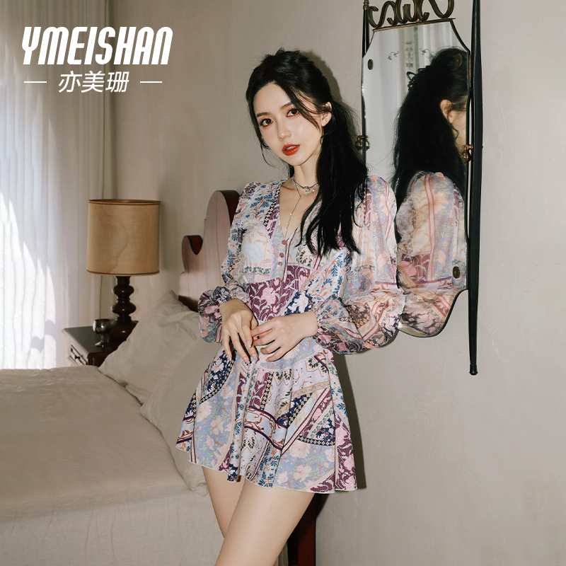 亦美珊长袖泳衣女高级感2025新款爆款大码遮肚显瘦保守温泉游泳衣